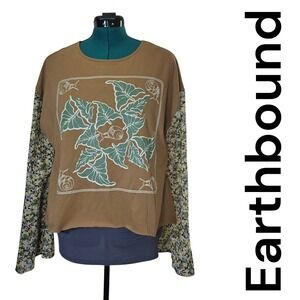 Earthbound Trading Co Brown Floral Bell Sleeve Graphic Sweatshirt Top Women's L
